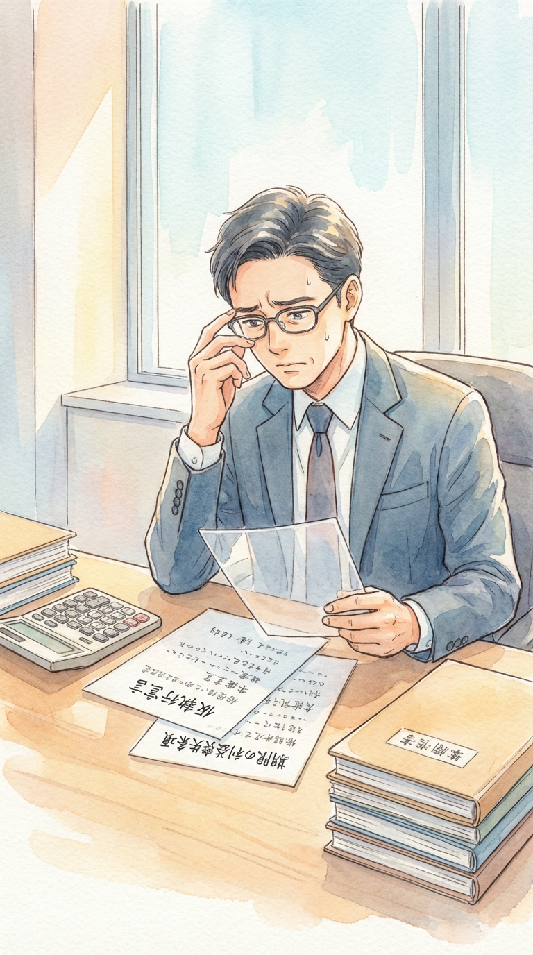 一審判決や供託資料を見ながら、控訴と執行停止の流れを整理している様子を表した挿絵