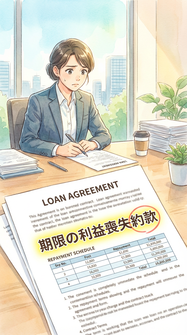 借入契約書や返済条件の資料を見ながら、期限の利益の意味を整理している様子を表した挿絵