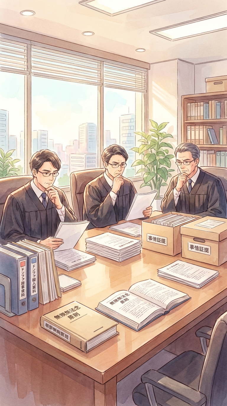 公判報道や状況証拠の整理資料を見ながら、裁判員裁判での判断の難しさを整理している様子を表した挿絵