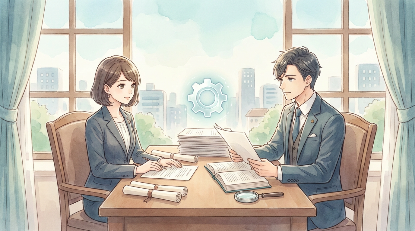 民事裁判で和解を選ぶ意味について、訴訟資料や解決条件を確認しながら慎重に検討している法律相談の場面