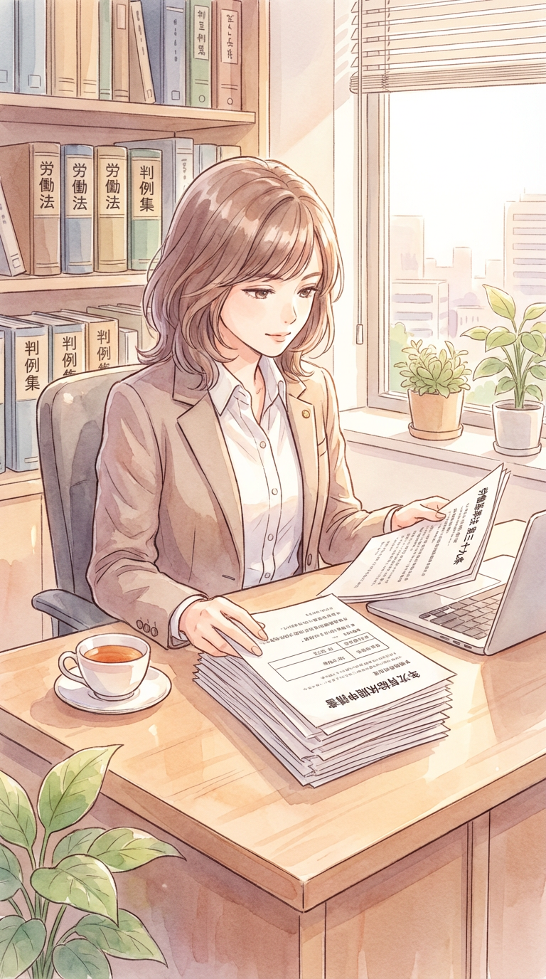 訴訟資料や和解条件のメモを見ながら、民事裁判で和解を選ぶ意味を整理している様子を表した挿絵