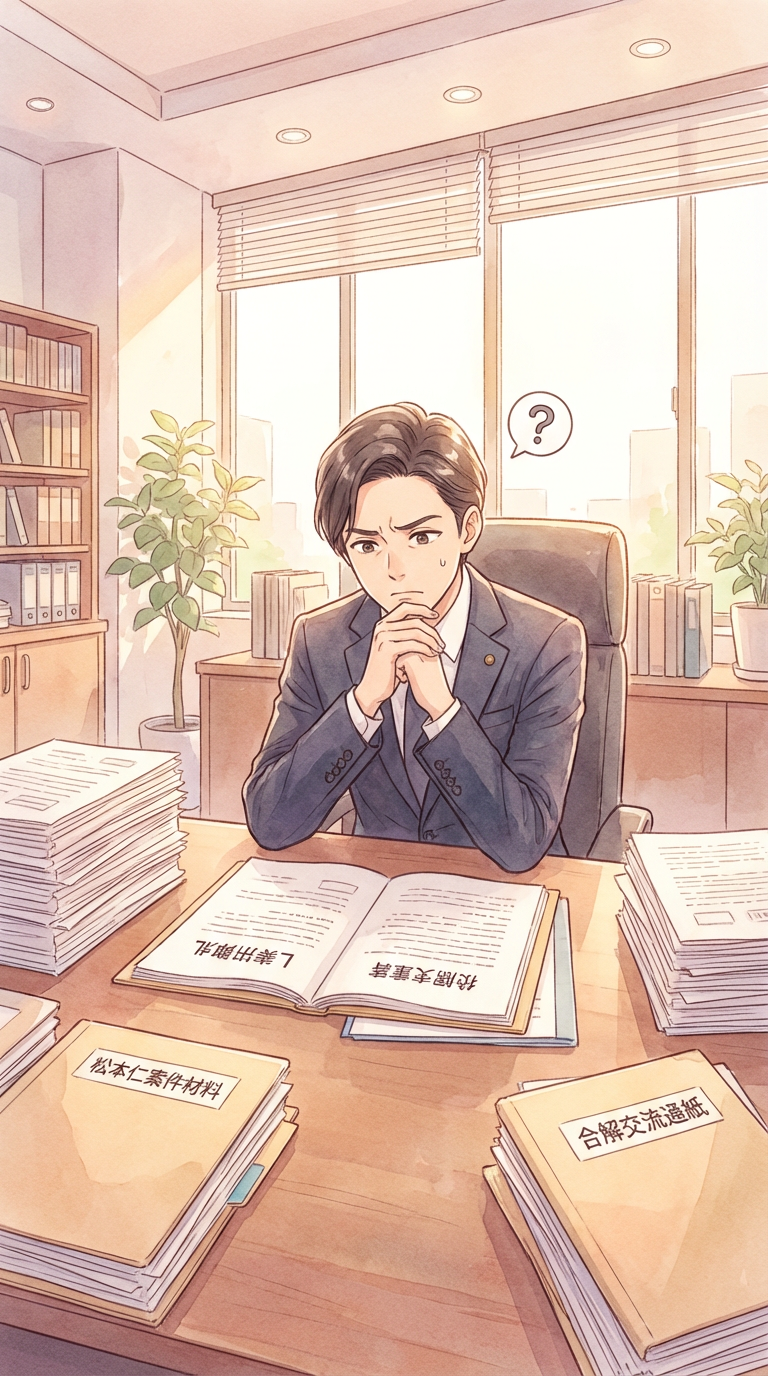 事実関係の整理表と法的評価の資料を見ながら、主張の根拠を整理している様子を表した挿絵