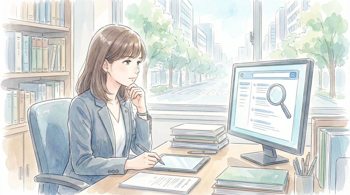 会社法務の観点から社内手続の重要性について、議事録や社内資料を確認しながら慎重に検討している法律相談の場面