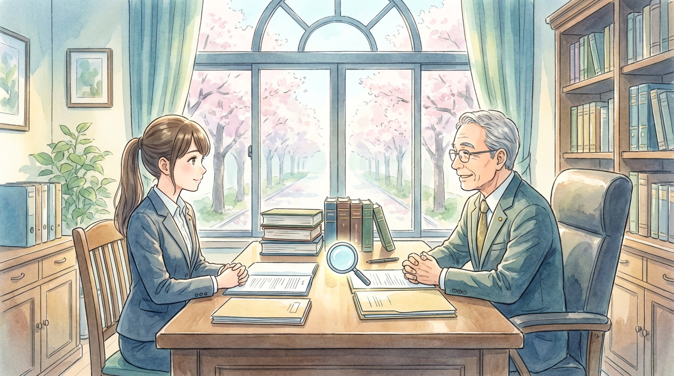 訴訟対応の基本姿勢について、証拠や主張整理メモを確認しながら慎重に検討している法律相談の場面