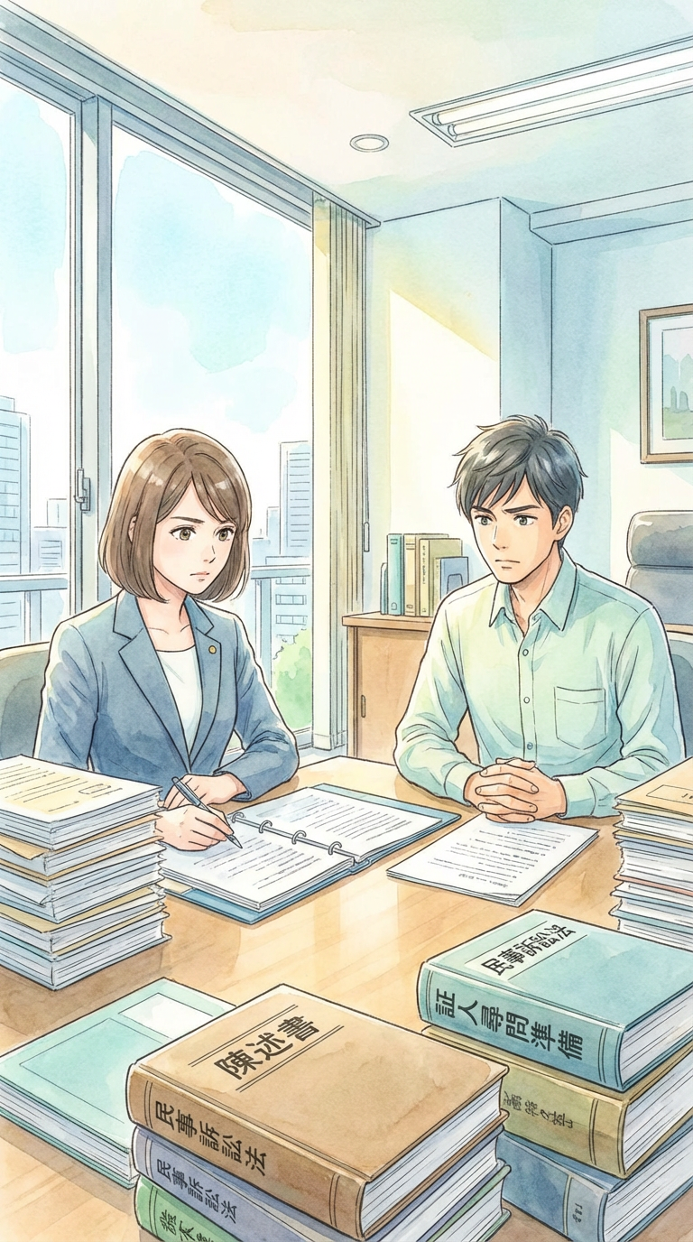 提出資料や証拠一覧を見ながら、証拠の見方と評価を整理している様子を表した挿絵