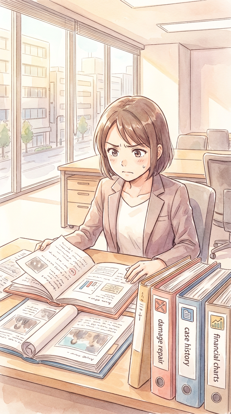 条件比較表や相手方提案書を見ながら、交渉での譲歩ラインを整理している様子を表した挿絵