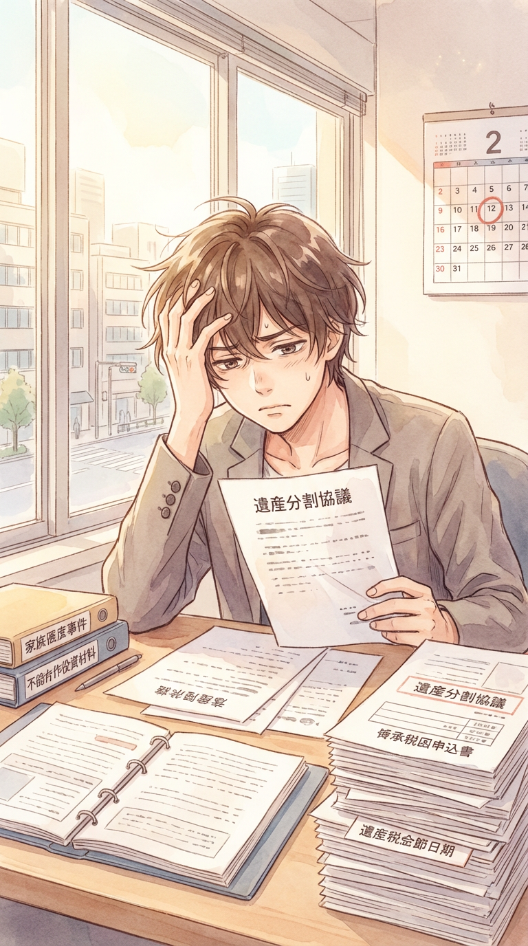 請求資料や回収見込み表を見ながら、債権回収の進め方を整理している様子を表した挿絵