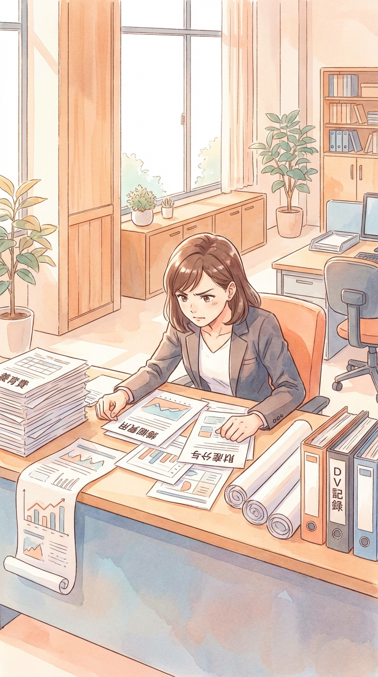 証拠の揃い具合や交渉経過メモを見ながら、訴訟提起の時期を整理している様子を表した挿絵