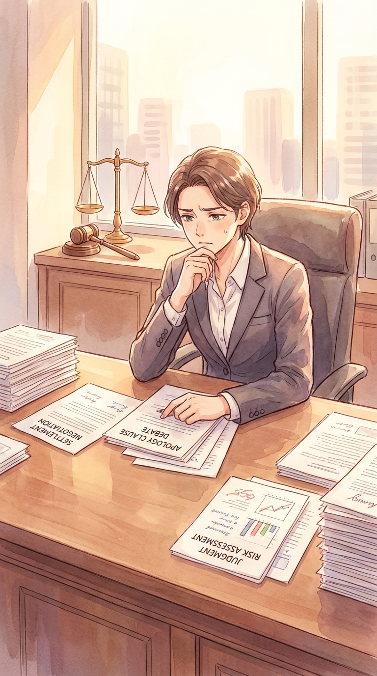 契約条項や注釈メモを見ながら、文言解釈のポイントを整理している様子を表した挿絵