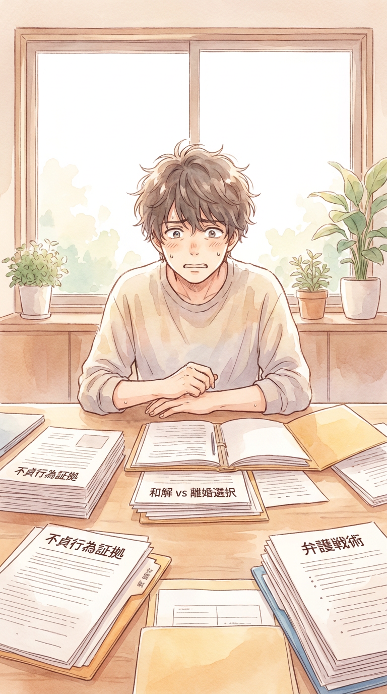 領収書や計算資料を見ながら、損害額の算定方法を整理している様子を表した挿絵